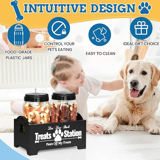 Dog Treat Container Dog Food Container for Dog Food Storage, Farmhouse Cat Food Container Pet Food Storage Organizer, Wood Dog Treat Holder with 2 Plastic Cat Dog Treat Jars, Black Cat Treat Container