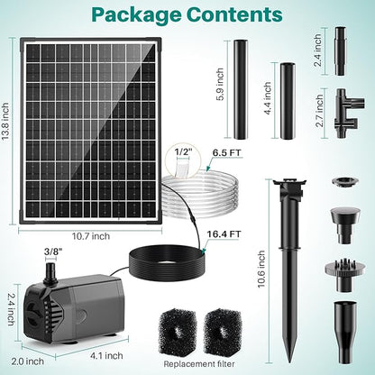 Biling 20W Solar Fountain Pump, 320 GPH Solar Pond Fountain Adjustable Flow, Dry-run Protection, 6.6 FT Tubing for Outdoor Garden Small Pond