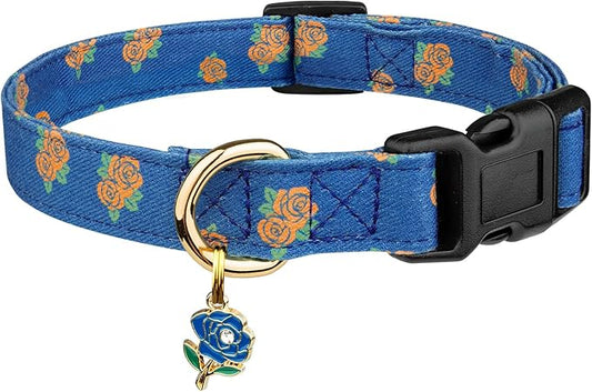 Cotton Handmade Dog Collar Cute and Distinctive Patterns Blue Rose with Pendant for Girl Boy Dogs Collars S