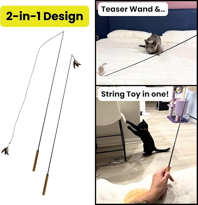 Forever Stick Cat Toys Pack Bundle - The Unbreakable Cat Wand Toy with Extra Cat Wand Strings, Rainbow Ribbons and 6 Feather Toys, Refill Toys Bundle Pack, Replacement Lures Attachment Toys