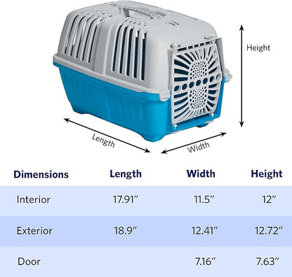 MidWest Homes for Pets Spree Travel Carrier – Hard-Sided Dog & Cat Carrier, Small Pet Travel Crate with Handle, Ventilated Design, Durable Plastic Door, Easy Assembly, 19-Inch, Blue