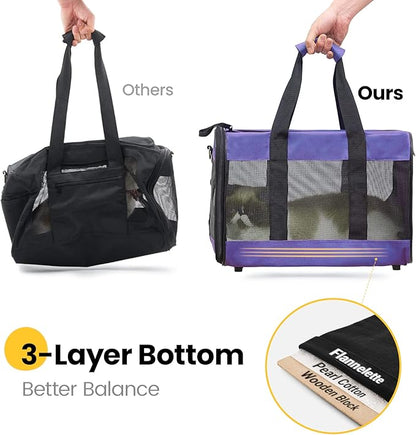 Cat Carrier Airline Approved, Soft-Sided Dog Carrier with Inner Safety Leash, Pet Transport Carrier for Small-Medium Cats Puppies up to 15 Lbs, Collapsible Travel Kitten Carrier Bag -Purple M