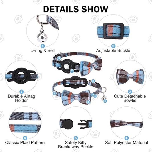 Airtag Cat Collar with Bells, Kitten Collar Breakaway for Girl Boy Cats, Safety Cat Collars with Bow Tie, Cat Collar Airtag Holder for Small Dogs Pets, 1 Pack Adjustable Plaid Design, Blue