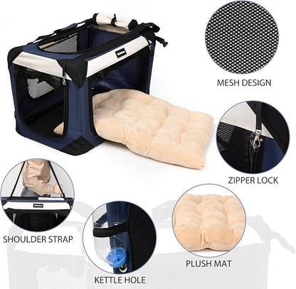 Large Cat Carrier, Collapsible Dog Travel Crate Portable Soft-Sided Pet Carrier with Super Soft Warm Plush Mat for Indoor and Outdoor 20x14x14in,Navy Blue