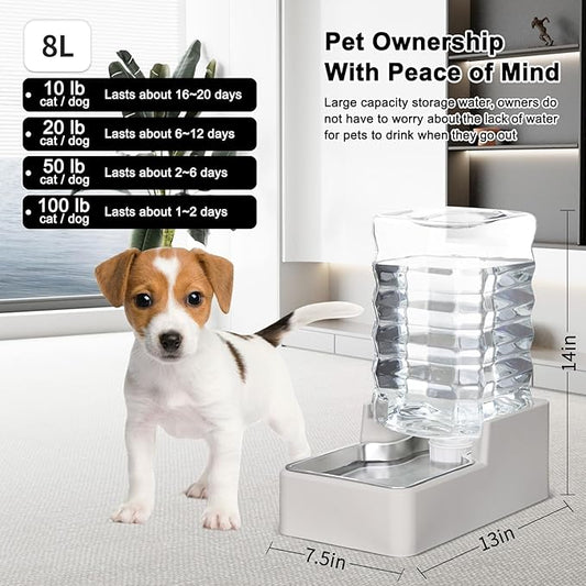 RIZZARI Stainless Steel Pet Water Feeder: 8L Large Gravity Waterer, Less Refills for Busy Owners - Leak-Proof Auto Refill - Anti-Tip Base - No Filter - for 20-35 LB Dogs - Multi-Pet/Home/Travel