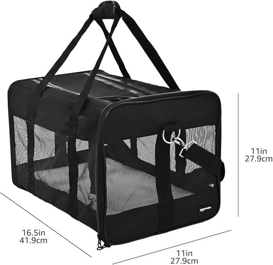 Amazon Basics Airline Approved Soft-Sided Mesh Pet Travel Carrier with Shoulder Strap, Portable, Washable Removable Fleece Pad for Dog, Cat, up to 16 pounds, 16.5" L x 10.6" W x 11" H, Black