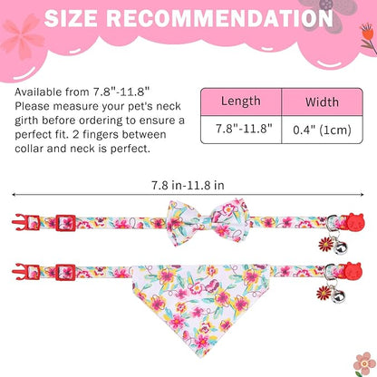 SCENEREAL Spring Cat Collar Breakaway with Bells, 2 Pack Cute Flower Pet Collar with Removable Bow Tie and Bandana, Adjustable Safety Buckle with Daisy Pendants for Girl Cats Kitten