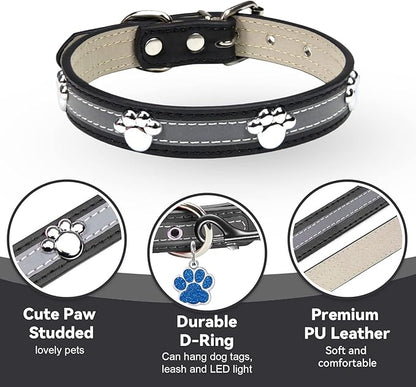 PETCARE Reflective Dog Collar with Cute Paw Rivet Studded Funny Soft PU Leather Adjustable Puppy Dog Collars for Small Medium Large Dogs Cats (Black,X-Large)