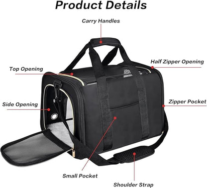 Petmolico Cat Carrier Soft-Sided Pet Bag for Small Medium Cats Puppies 16LBs - Airline Approved Pet Travel Carrier 3 Open Doors (Medium,Black)