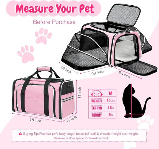 Double Expandable Cat Carrier,Airline Approved Soft-Sided Pet Travel Carrier for Small Dogs Cats under 15 lbs,Waterproof 600D Oxford Fabric with Washable Replacement Liner,Odor-Free & Claw-Proof(Pink)