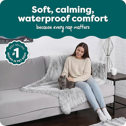 Furhaven Waterproof Throw Blanket for Dogs & Indoor Cats, Washable - Shaggy Plush Calming Long Faux Fur & Velvet Dog Blanket - Mist Gray, Large