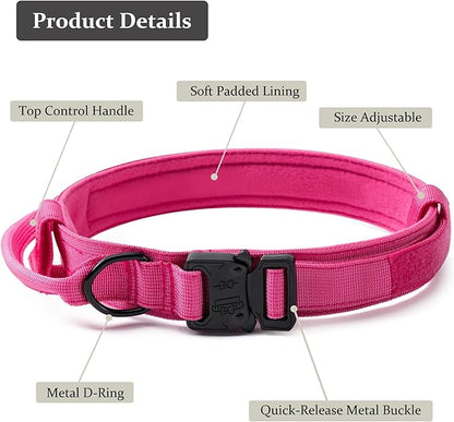 Tactical Dog Collar, Adjustable Military Training Nylon Dog Collar with Control Handle and Heavy Quick-Release Metal Buckle for Small Medium Large Dogs,Pink M