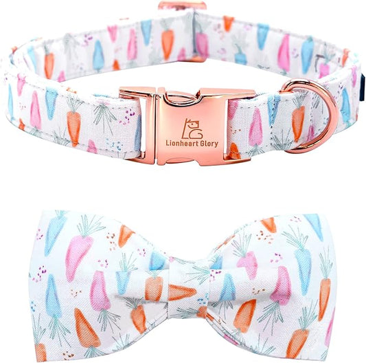 Lionheart glory Easter Dog Collar with Bow Tie Carrot Print Dog Collar Girl or Boy Soft Durable Adjustable Puppy Gift Collar Bows Spring Collar Dog Bow