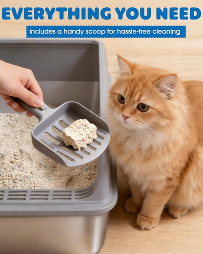Stainless Steel Cat Litter Box, Metal Litter Box with Scoop, High- Sided, Anti-Leakage Top Entry, Non-Sticky, Easy to Clean, Grey, XL (1 Pack)