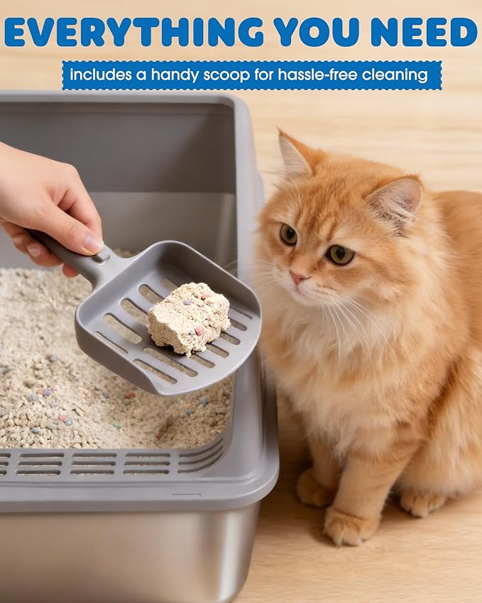 Stainless Steel Cat Litter Box, Metal Litter Box with Scoop, High- Sided, Anti-Leakage Top Entry, Non-Sticky, Easy to Clean, Grey, M (1 Pack)