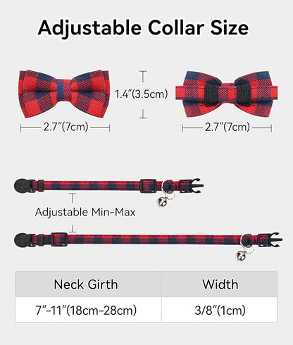 Joytale Upgraded Cat Collar with Bells, Breakaway Cat Collars with Bow Tie, 2 Pack Girl Boy Safety Plaid Kitten Collars, Pink+Red