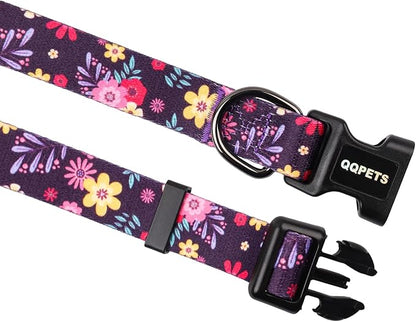 QQPETS Adjustable Soft Dog Collar: Print Flower Pink Multicolor Cute Patterns for XS Small Medium Large Pet Girl Boy Puppy Walking Running Training (S, Elegant Purple)