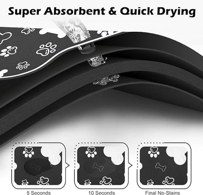 Dog Cat Food Mat,Rapid Absorbent Pet Feeding Mat, Bone Shaped Dog Placemat Water Bowl Mat with Rubber Backing,No Stains Dog Cat Food Mats Indoor, Pet Accessories Supplies 17"×29" Black