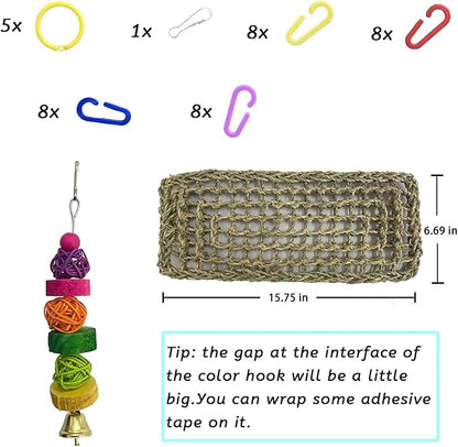 kathson Bird Seagrass Mat,Birds Swing Toy,Natural Grass Handmade Woven Hammock Hanging Parrot Lounger with Colour Toys for Lovebird,Cockatiel,Canary,Parakeets,Finch,Budgie (2 Pcs)