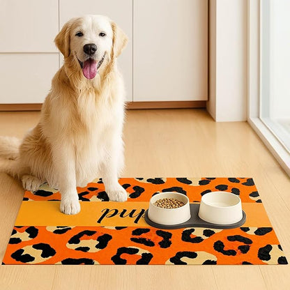 Puppy Feeding Mat 24x16 inch Orange Leopard Print Pet Bowl Placemat Non Slip Floor Mat for Food and Water Indoor Dog Feeding Station Cute Meal Pad for Small Pets Kitchen Use