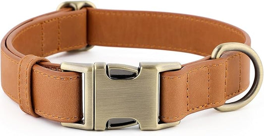 Plutus Pet Genuine Leather Dog Collar – Adjustable Pet Collar with Quick Release Metal Buckle, Soft Real Leather for Small Medium Large Dogs, Heavy Duty & Skin-Friendly (Light Brown, L)