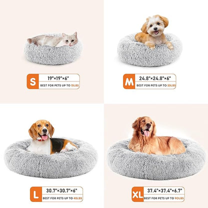 Sweetcrispy Donut Dog Bed, XL Large Round Calming Cat Bed with Washable Waterproof Cushion, Anti-Anxiety & Anti-Slip Fluffy Cuddle Cozy Faux Fur Plush for Pet Puppy Indoor Sleeping (37.4"x37.4", Gery)