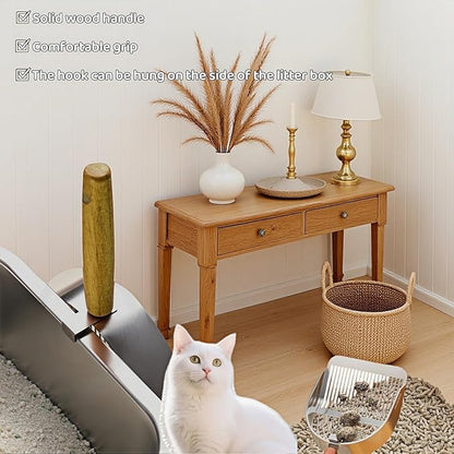 Premium Stainless Steel Cat Litter Scoop-Triple Guard Walls&Non-Stick Design,Silver,Flat Shovel Head Design Solid Deep Edge Wood Handle,Dual Hooks 1Pack,6.1x5.3inch (Silver long strip) (Silver)