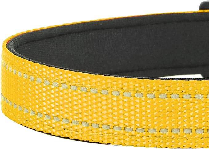 Reflective Dog Collar, Adjustable Soft Neoprene Padded Nylon Pet Collars with Buckle for Puppy and Small Dogs, Cats, Yellow,XS