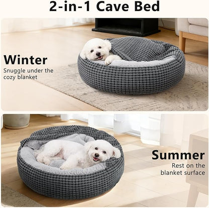 SIWA MARY Dog Bed with Attached Blanket for Small Dogs or Cats, Soft Plush Cozy Donut Cuddler Hooded Pet Beds Washable. Round Puppy Bed Orthopedic, Calming Cat Cave Bed. Anti-Slip Bottom 26inch
