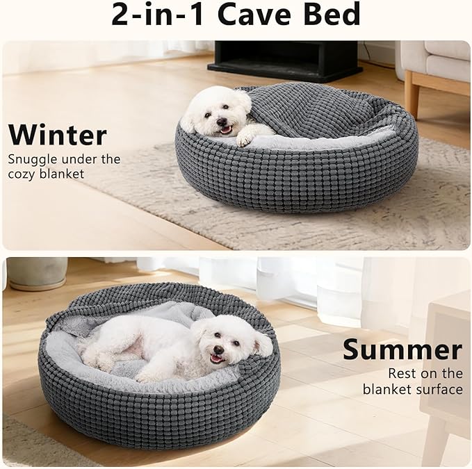 SIWA MARY Small Dog Bed with Attached Blanket, Cozy Donut Cuddler Anti-Anxiety Hooded Pet Beds Calming Cave Bed. Orthopedic Round Puppy Beds for Dogs or Cats Washable, Anti-Slip Bottom, 23inch