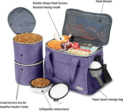 BAGLHER Dog Travel Bag Backpack Pet Supplies Backpack 5-Piece Set with Shoulder Strap 2 Lined Pet Food Containers 4 Foldable Feeding Bowls Essential Kit for Pet Travel