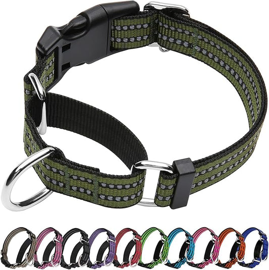 Martingale Dog Collar, Adjustable Nylon Reflective Collar with Quick Release Buckle (Forest Green, Medium)