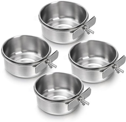 Okllen 4 Pack Bird Feeding Dish Cups, Detachable Stainless Steel Bird Food Bowls with Clamp for Chinchilla Parrot Cockatiel Conure Budgies Parakeet Small Animal