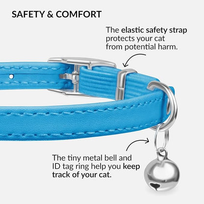 CollarDirect Leather Cat Collar with Bell - Kitten Collar, Small and Big Cat for Boy Cats, Girl Cats with Safety Elastic Strap (Neck Fit 8"-11", Light Blue)