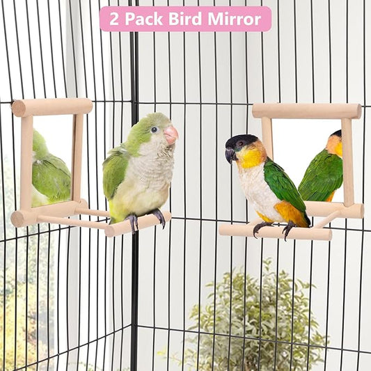 Wontee Bird Mirror Bird Toys for Budgies Parakeets Cockatiels Lovebirds Conures (2pcs-Wood Color)