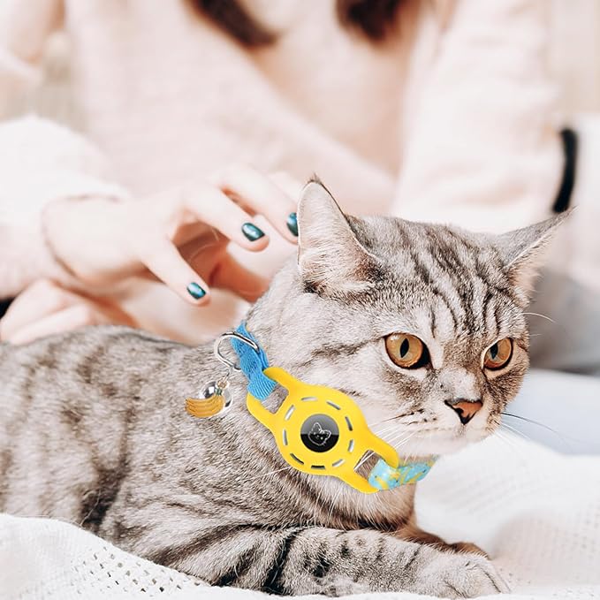 BINGPET AirTag Cat Collar with Bells, Upgraded Safety Elastic Cat Collar with Airtag Cat Collar Holder, Anti-Lost Cat Collars for Girl Boy Cats, Anti-Suffocation Kitty Puppy Collars