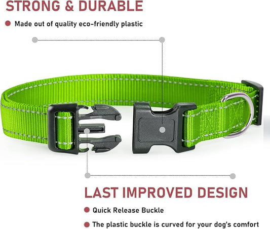 Reflective Dog Collar with Buckle Adjustable Safety Nylon Collars for Small Medium Large Dogs, Grass Green XS