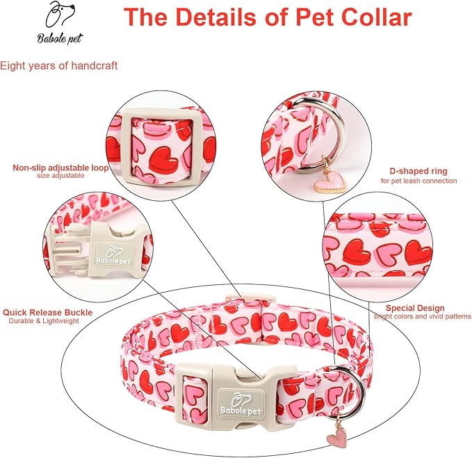 Valentines Dog Collar for Small Dogs - Pink Valentine Hearts Dog Collars, Girly Love Female Dogs Collars, Lightweight Adjustable Cute Puppy Collar with Quick-Release Buckle XS