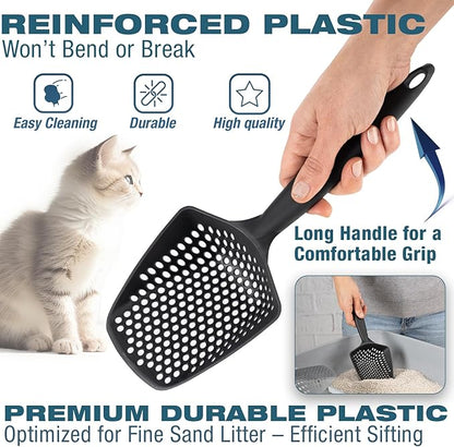 Set of 2 Cat Litter Scoop with Small Holes for Fine Litter, Hanging Handle Deep Reptile Terrarium Sand Sifter, Poop Scooper Rabbit Pooper Lifter Kitten Sifting Shovel (Black, Set of 2)