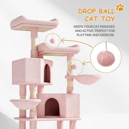 58" Cat Tree Tower for Indoor Cats, Multi-Level Activity Center with Scratching Posts, Hammocks, Top Perch, Dangling Ball & Cat Condo, Soft Pink