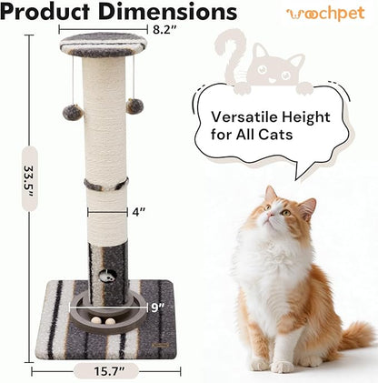 34inches Cat Scratching Post Sisal Cat Scratcher with Cat Ball Track Toy Heavy Duty and Thicker Large Diameter Natural for Adult Cats and Kitty Protect Your Furniture（Grey）
