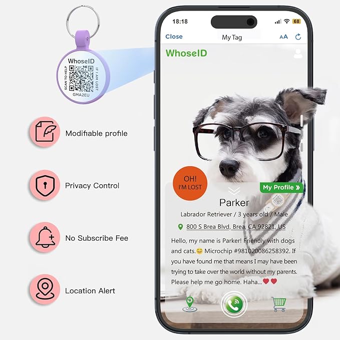 ESA Dog Tag, QR Code Dog Tag, Modifiable Free Pet Online Profile, Scannable QR Code, Scan QR Send Instant Location Alert Email, Silicone Lightweight ID Tag for Dog and Cat (Purple, Small)