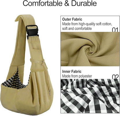 PETLOFT Reversible Dog Cat Sling Carrier, Small Dog Carrier, Adjustable Dog Sling, Hands Free Cross Body Carrier with Collar Hook for Dog/Cat/Bunny up to 11lb(Khaki)
