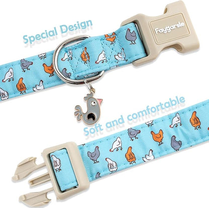 Faygarsle Funny Chicken Pattern Dog Collar, Cotton Fabric, Light Blue with Farm Animal Print for Small Medium Large Dogs XS