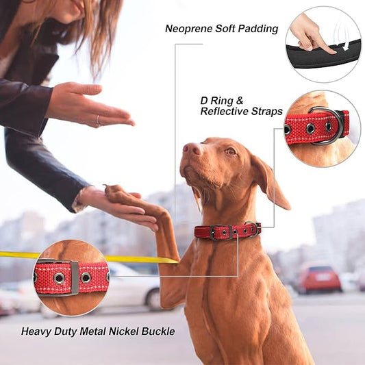 PetiFine Dog Collar for Large Dogs, Neoprene Padded and Adjustable, Reflective Wide Heavy Duty Pet Collars with Durable Metal Belt Buckle for Walking, Red, XL