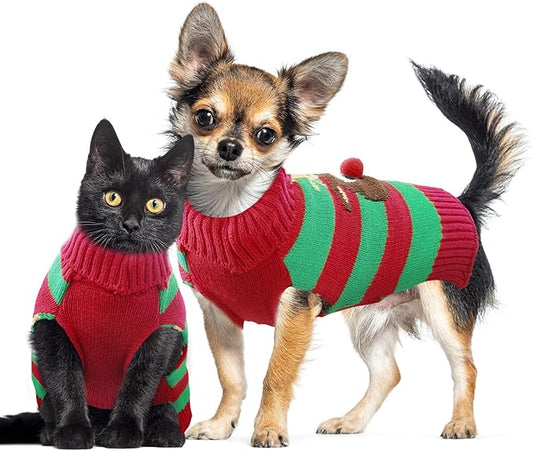 Dog Cat Christmas Sweater Boy Girl Ugly Reindeer Xmas Pet Clothes Holiday Puppy Costume New Year Gifts for Small Medium Large Dogs Outfits (S, Red Green Stripe Reindeer)