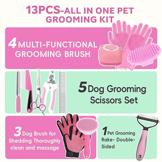 Dog Brush for Shedding 13pcs Bath Grooming Kit with Pet Nail Clipper and File - Dog Bath Brush Cat Grooming Supplies, Dematting Comb Bath Brush Shampoo Scrubber for Dogs and Cats