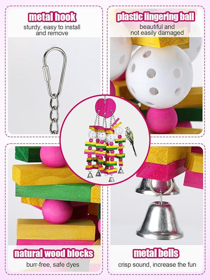 MEWTOGO Bird Toys - Edible Parrots Cage Chew Toy Gift with Bells and Safe Colorful Wood Blocks Beads for Macaws African Grey and Amazon Parrots (Peach Style)