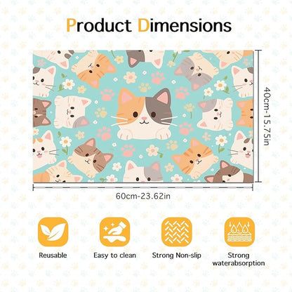Cat Feeding Mat 24x16 inch Blue Kitten Print Pet Bowl Placemat Non Slip Floor Mat for Food and Water Indoor Kitty Feeding Station Cute Meal Pad for Small Pets Kitchen Use