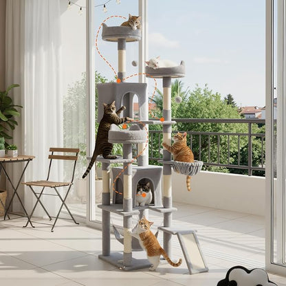 Sweetcrispy Cat Tree 75 Inch, Large Multi-Level Tall Cat Tree Tower with Condo, Perches, Sisal Scratching Posts Board and Hammock, Pet Play House with Dangling Balls for Indoor Cats, Light Grey